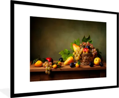 Produktbild von MuchoWow® Gerahmtes Poster Rustikal - Korb - Obst - Stilleben 90x60 cm - Poster mit Schwarzem Bilderrahmen Wandposter Rahmen Foto Bilder - Wanddekoration - Fotos