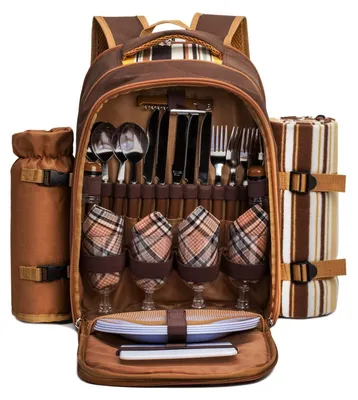 Produktbild von Picknickrucksack für 4 Personen mit Zubehör und Decke, Thermotasche, Braun