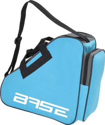 A blue skate bag with black straps and gray accents.