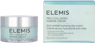 A product shot of Elemis Pro-Collagen Marine Cream and its packaging, displayed side-by-side on a white background.