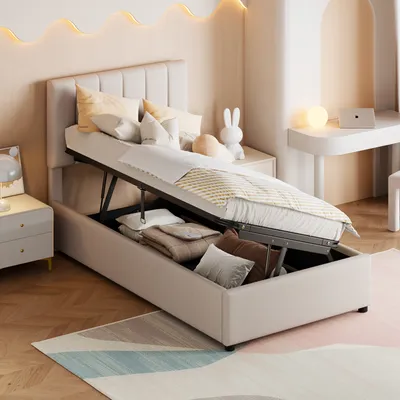 Produktbild von Merax Polsterbett 90x200cm Einzelbett hydraulisches Boxspringbett mit Lattenrost und Stauraum, Höhenverstellbares Kopfteil, Jugendbett Holzbett Leinen, Beige