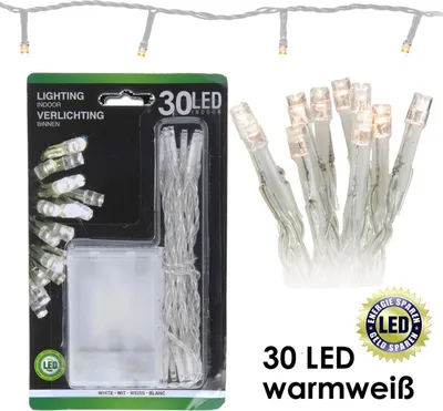A product package for LED string lights, with a sample of the lights shown separately.