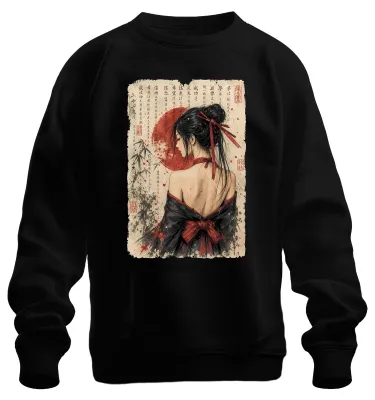Productafbeelding van Japanse ge kimono, rode zon, kalligrafie, sumi-e, zen sweatshirt, trui, zwart, maat M