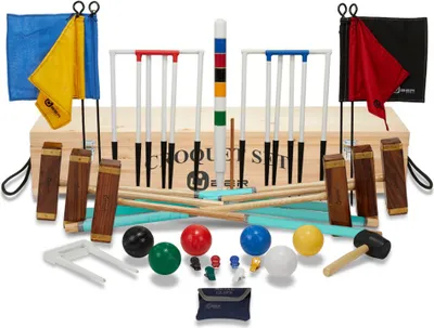 Produktbild von Master Croquet-Set – Englisches Gartenspiel – 6 Personen, ultimatives Set – 16 mm dicke Tore – 455 gram - Plastikbälle, absolut top. mit Croquet Bag Class und Great