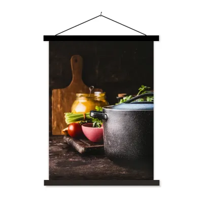 Produktbild von MuchoWow® Textilposter Rustikal - Stilleben - Pfanne - Gemüse 120x160 cm mit schwarzem Rahmen - Magnetischer