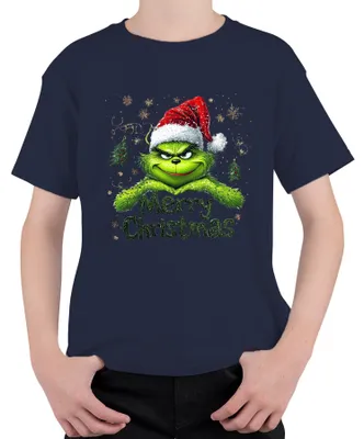 Produktbild von Grinch Merry Christmas Weihnachten Santa Hat Schneeflocke Geschenk Uni Kinder T-Shirt, Navy, 116