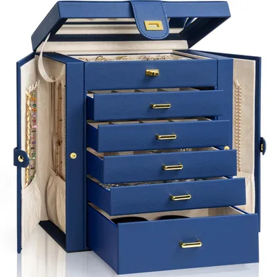 Image de Grande boîte de rangement fonctionnelle et verrouillable pour bijoux, avec miroir, pour femmes