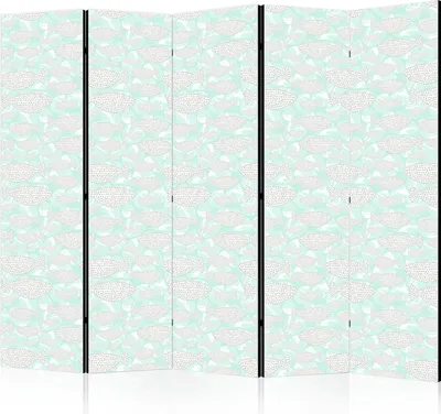 Produktbild von 5-teiliger Einseitiger Vlies Paravent - Minimalist Fish - Fishes With Grey Dots Against a Crystal Sheet of Water in Mint Green Colors 225x172 cm Tiere g-C-10151-z-b