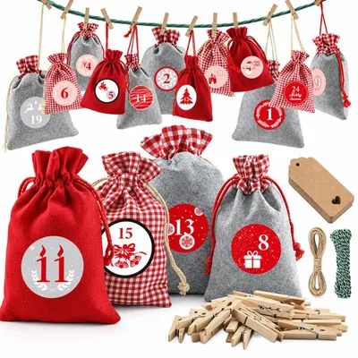 Produktbild von DIY Adventskalender zum Befüllen, 24 Stoff-Säckchen, wiederverwendbarer Weihnachtskalender mit Holzklammern, Zahlen 1–24 & Schnur