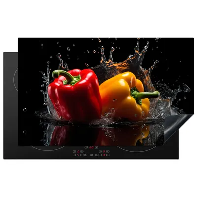 Produktbild von KitchenYeah© Herdabdeckplatte Paprika - Wasser - Schwarz - Gemüse - Rot - Gelb , 83x51cm, Küche Deko, Glaskeramikkochfeld Herdabdeckung, Abdeckplatte fùr Kochfeld