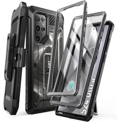Productafbeelding van Telefoonhoes met standaard en riemclip voor de Samsung Galaxy S24 Ultra, 360° bescherming rondom, 2 voorste beschermplaten, BlackRipple