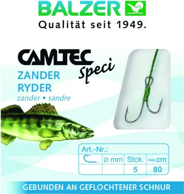 Produktbild von Balzer Camtec Speci Ryder Haken Zander 80cm - 5 gebundene Angelhaken, Gr./Durchmesser/Tragkraft:Gr. 4 / 0.12mm / 10kg
