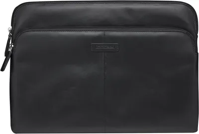 A black leather laptop sleeve is shown against a white background.