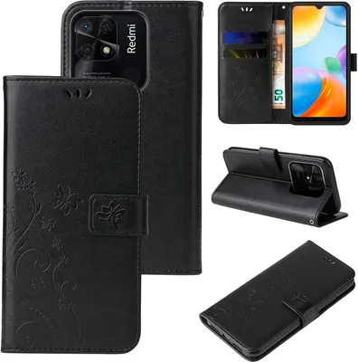 Produktbild von Handyhülle für Xiaomi Redmi 10C Floral Blumen Schmetterling Flip Cover Hülle Case Klapphülle Handytasche Farbe: Schwarz