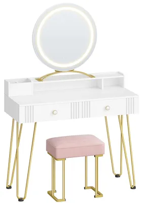 Image de Coiffeuse - Coiffeuse avec miroir et éclairage - 2 tiroirs - Design moderne en bois - Tabouret rembourré inclus - Blanc
