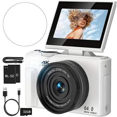 Produktbild von Mirrorless Kamera 4K, Schüler Fotokamera, HD, Autofokus, Beauty Filter, 32GB Speicher, Weiß, 2 Akku, kompakt, tragbar