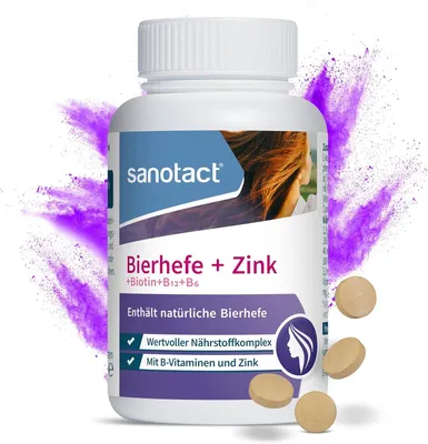 Image de Comprimés Sanotact Levure de bière + Zinc – 180 pièces | Pour la peau, les cheveux et les ongles | Complexe vitaminé à base de levure de bière, zinc, biotine, vitamine B12, B6 et vitamine C