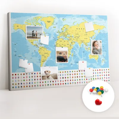 Obrázek produktu pro Korková nástěnka s kolíčky - Tabule s kolíky pro fotografie a poznámky - 120x80 cm - Připínáčky barevné 100 kusů - Mapa světa s vlajkami