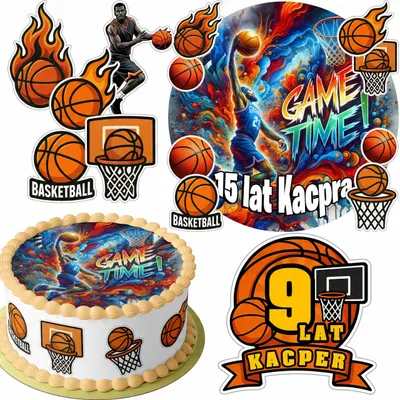 Produktbild von Zestaw Opłatek Na Tort 20Cm + 16 Postaci - Koszykówka + Imię 15Cm 18Cm