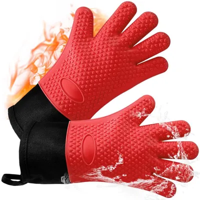 Obrázek produktu pro Sada dvou silikonových rukavic do trouby, odolných vůči teplu, s bavlněnou podšívkou, protiskluzové, do teploty 240°C, červené