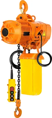 An orange electric chain hoist with a yellow cover and a yellow control pendant is shown against a white background.