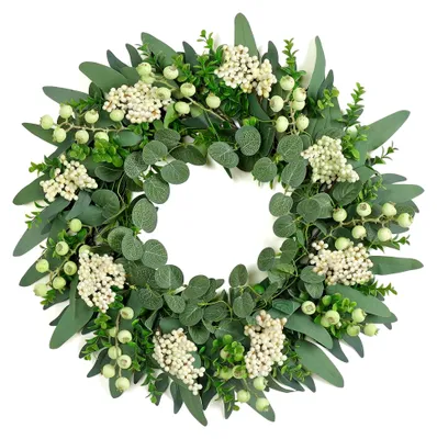Produktbild von 50 cm großer künstlicher Eukalyptuskranz, grüner Türkranz mit Beeren für Frühlings- und Sommerdekoration