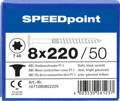 Produktbild von ABC SPEEDpoint Holzbauschraube Tellerkopf T40 Teilgewinde Schabenut A2J 8x220mm (50)