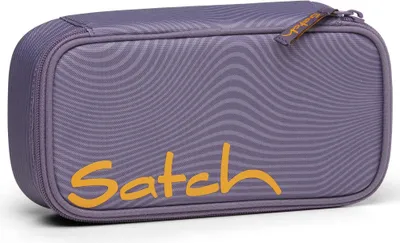A purple pencil case with a wavy pattern and the brand name 'Satch' in orange.