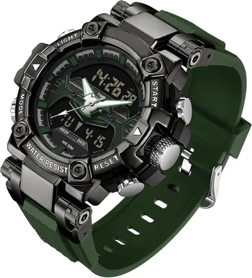 Produktbild von Herren Analog Digital Sportuhr 5ATM wasserdicht, Dualzeit, Stoppuhr, Alarm, LED, Datum, Stoßfest, Edelstahl Gehäuse, TPU Armband, Militär Design