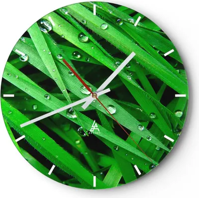 Produktbild von Wanduhr - Rund - Glasuhr - Natur Gras Wasser Tropfen - 40x40cm - Schleichendes Uhrwerk - Lautlos - zum Aufhängen bereit - Dekoration Modern - Wanddekoration aus Glas - C3AR40x40-1562