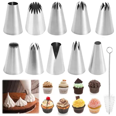Immagine prodotto di Set di 10 beccucci per sac à poche, in acciaio inossidabile, riutilizzabili, per decorare torte, dolci, muffin e biscotti