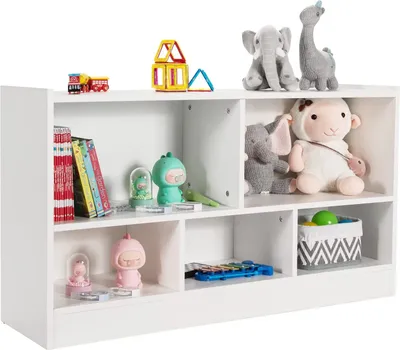 Produktbild von GOPLUS Kinderregal, Kinder Bücherregal mit 5 Fächern, Rutschfesten Fußpolstern & Abgerundeten Ecken, Spielzeugregal für Wohnzimmer, Kinderzimmer & Kindergarten, 112 × 30,5 × 61 cm, Weiß