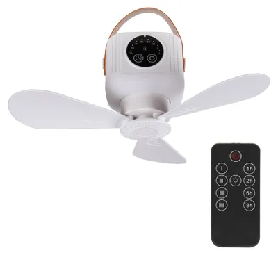 Zdjęcie produktu dla Przenośny wentylator sufitowy na akumulator, średnica 26 cm, biały – cichy wentylator z pilotem, oświetleniem i timerem, przenośny, z uchwytem do zawieszenia, idealny na kemping i do domu