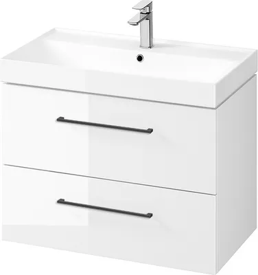 Produktbild von BADLAND Badmöbel Set Badezimmerschrank mit Keramikwaschbecken, 2-Schubladen LARGA 80 Weiß, 2x Schwarz Möbelgriffe