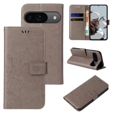 A collage of images showing a flip phone case from different angles, including its cardholder feature and stand function.