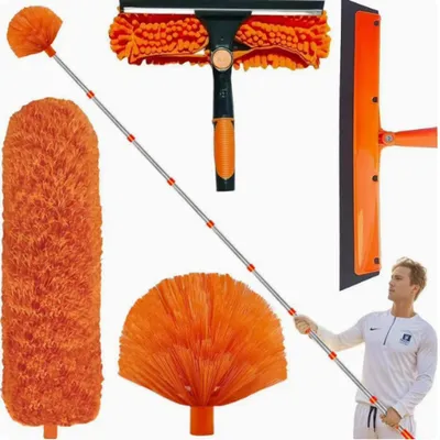 Produktbild von Staubwedel Teleskopstange 4,3m mit Mikrofasertuch und Fensterwischer Spinnwebenbesen Ausziehbar 43 bis 430cm 4-teiliges Reinigungset