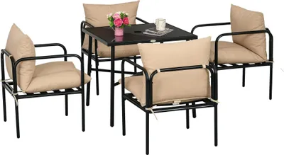 Image de Outsunny Salon de jardin extérieur en acier ensemble table et chaises - 5 pièces avec 1 table à manger carrée et 4 chaises 4 coussins - plateau verre trempé avec trou de parasol