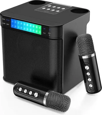 Image de Kit de karaoké avec 2 microphones sans fil - Système de sonorisation Bluetooth 2023 avec microphones de karaoké - Éclairage LED - Lecteur TF/USB/AUX pour les fêtes d'adultes et d'enfants