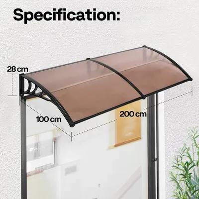 Imagen del producto de Toldo para ventana de puerta principal, dimensiones 200x100 cm, cubierta de policarbonato, toldo de estilo inclinado marrón con soporte , ideal para proteger del sol y la lluvia