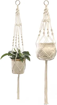Productafbeelding van Macrame Plant Hangers 2 Stuks, Katoen, 105 cm en 95 cm, voor Binnen Buiten, Bohemian Stijl