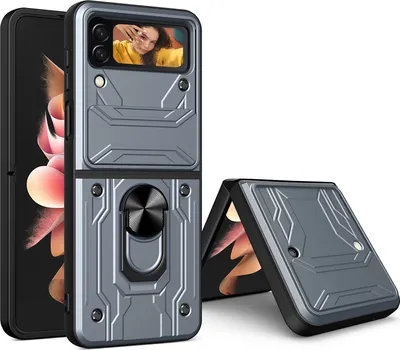 Produktbild von Samsung Galaxy Z Flip4 Hülle, Schiebe Kamera Abdeckung, Robust Stoßfeste Schutzhülle mit Ring Ständer für Samsung Galaxy Z Flip 4 5G Grau