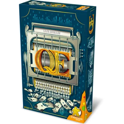 The image shows the front and side of a board game box. The front of the box features a stylized illustration of a printing press with the letters 'QE' prominently displayed. The side of the box shows some game-related graphics.