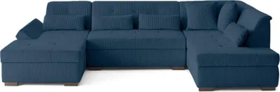 Image de Lisa Design Vermont - canapé panoramique d'angle droit 7 places en velours côtelé , Bleu