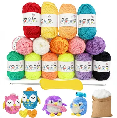 Immagine prodotto di Set di filato di cotone spesso per uncinetto, 17 pezzi, 12 colori, con uncinetto e clip
