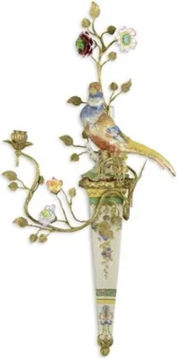 Jugendstil Porzellan Wandkerzenhalter Papagei Mehrfarbig Messing