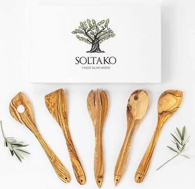 Produktbild von Unyqoos® Olivenholz-Küchenutensilien 5er Set – Koch- & Servierbesteck: Kochlöffel, Reislöffel, Spatel, Gabel, Salatbesteck, 30 cm