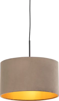 Zdjęcie produktu dla QAZQA – Dom wiejski I Vintage I Rustykalna lampa wisząca I Lampa wisząca I Lampa wisząca z welurowym abażurem w kolorze taupe ze złotymi elementami I Mosiądz 35 cm – Combi I Salon I Sypialnia – Tekstylny cylinder I Podłużny I Okrągły –