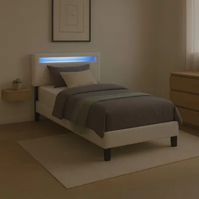 Produktbild von Polsterbett BENITO 90x200 cm mit LED Beleuchtung, modernes Einzelbett mit verstellbarem Kopfteil, Jugendbett mit Bezug aus Kunstleder in weiß