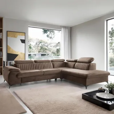 Produktbild von Ecksofa VETTO Monolith 15 Hellbraun Schokobraun Samt Velours Schlafsofa Bettkasten Verstellbare Kopfstützen Rechts