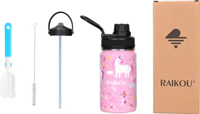 Produktbild von RAIKOU Trinkflasche 350ml Wasserflasche Thermoflasche mit 2 Deckel Rosa Pony